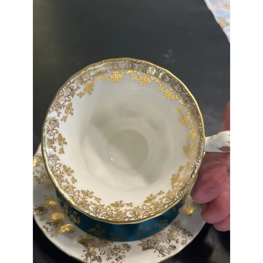 Royal Albert Regal Series Teal Blue w Gold Accents Tea Cup & Saucer Set England